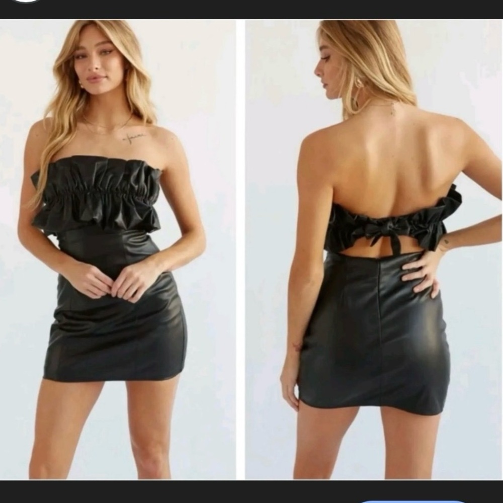 New DO+BE Strapless Faux Leather Ruffle Repetition mini Dress black sz large